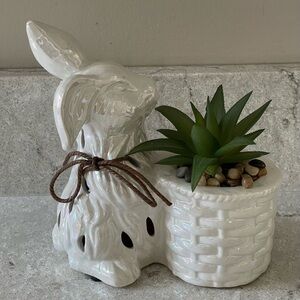 White Ceramic Iridescent Potpourri Bunny Planter with Faux Succulent